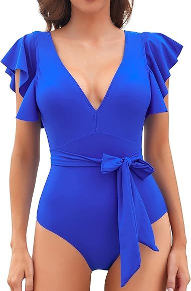 Binlowis Deep V Neck Flounce One Piece Swimsuit Ladies Floral Print Plunging Beachwear Bathing Suit | Amazon (US)