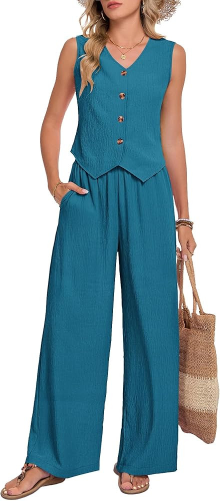 MOLERANI Womens 2 Piece Sets Summer Casual Linen Button V Neck Vest Blazer Wide Leg Pants Suits V... | Amazon (US)