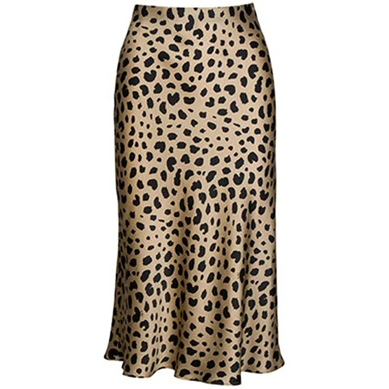 Keasmto Leopard Print Skirt for Women Midi Length Cheetah High Waist Silk Satin Ladies Elasticize... | Walmart (US)