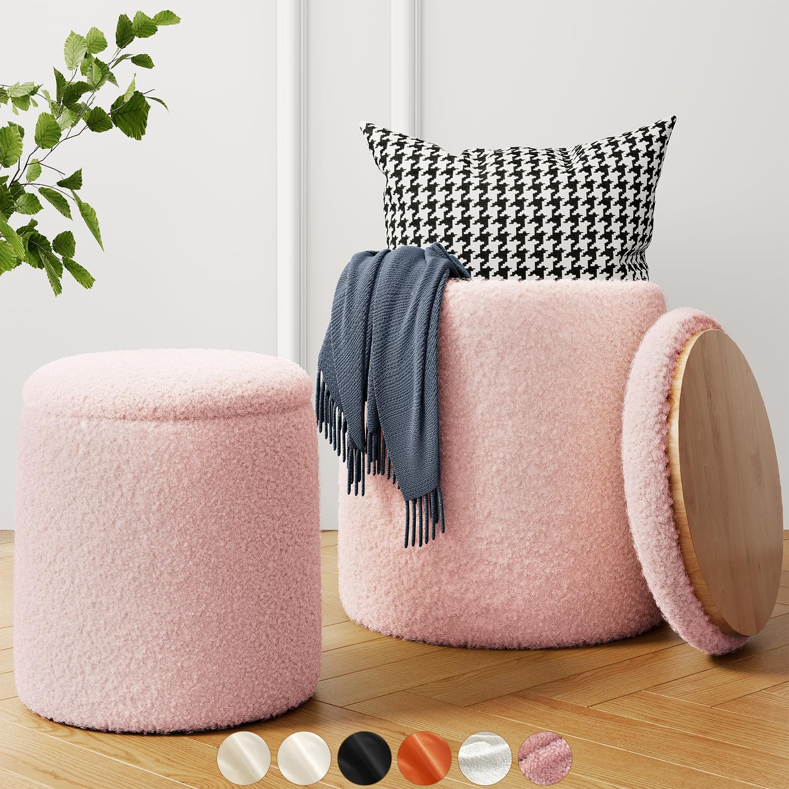 Boucle Pink Storage Ottoman Set of 2, Round Sherpa Ottoman with Storage, Small Vanity Stool with ... | Amazon (US)