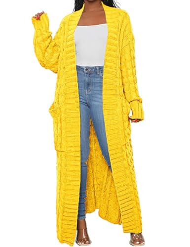 HRESSLBD Stylish Cable Knit Dual Pocket Cardigans Yellow Extra Long Ankle, Stylish Cable Knit Dual Pocket Cardigans Floor Length, Womens Cardigan (Yellow, L) | Amazon (US)