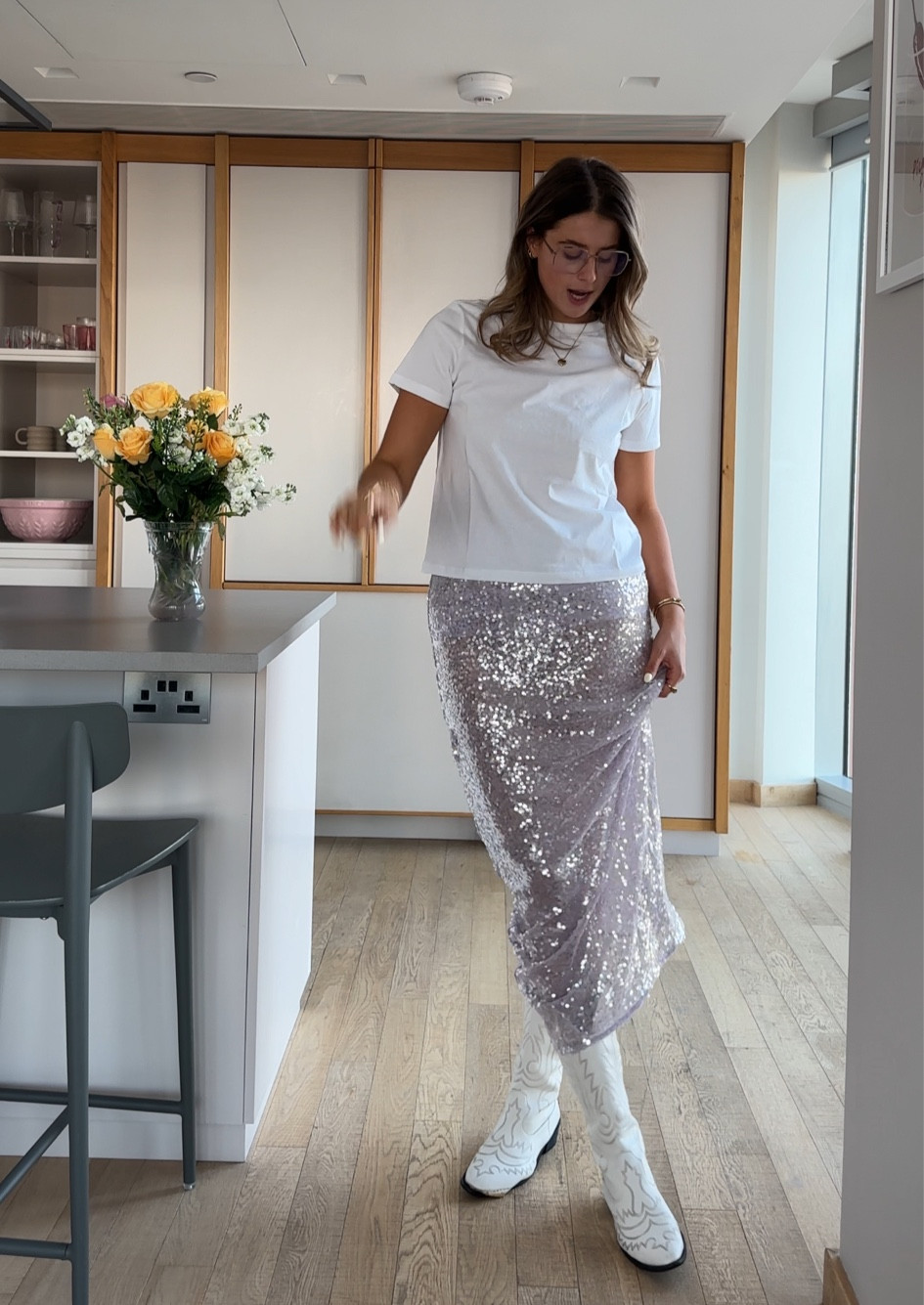 Lilac sequin maxi skirt, next white tshirt white tee boxy clean capsule wardrobe basics cowboy boots white, concert wardrobe outfit inspo, eras tour Taylor Swift glitter sequin summer holiday shop 

#LTKsummer #LTKpartywear #LTKuk