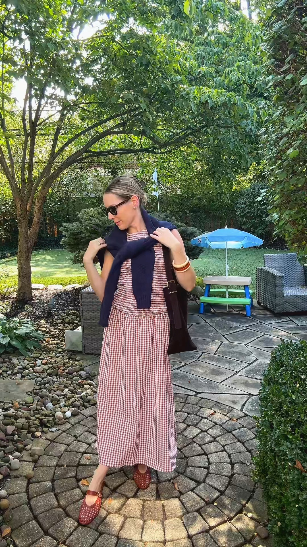 I love a good fall day when the sun is shining and it’s warm!! ☀️ beautiful brown checkered dress is a steal! And my new baby is this chocolate suede carryall bag. I’m obsessed! Also check out my cutie ear huggies ☺️ 

#LTKFallSale #LTKFamily #LTKSaleAlert