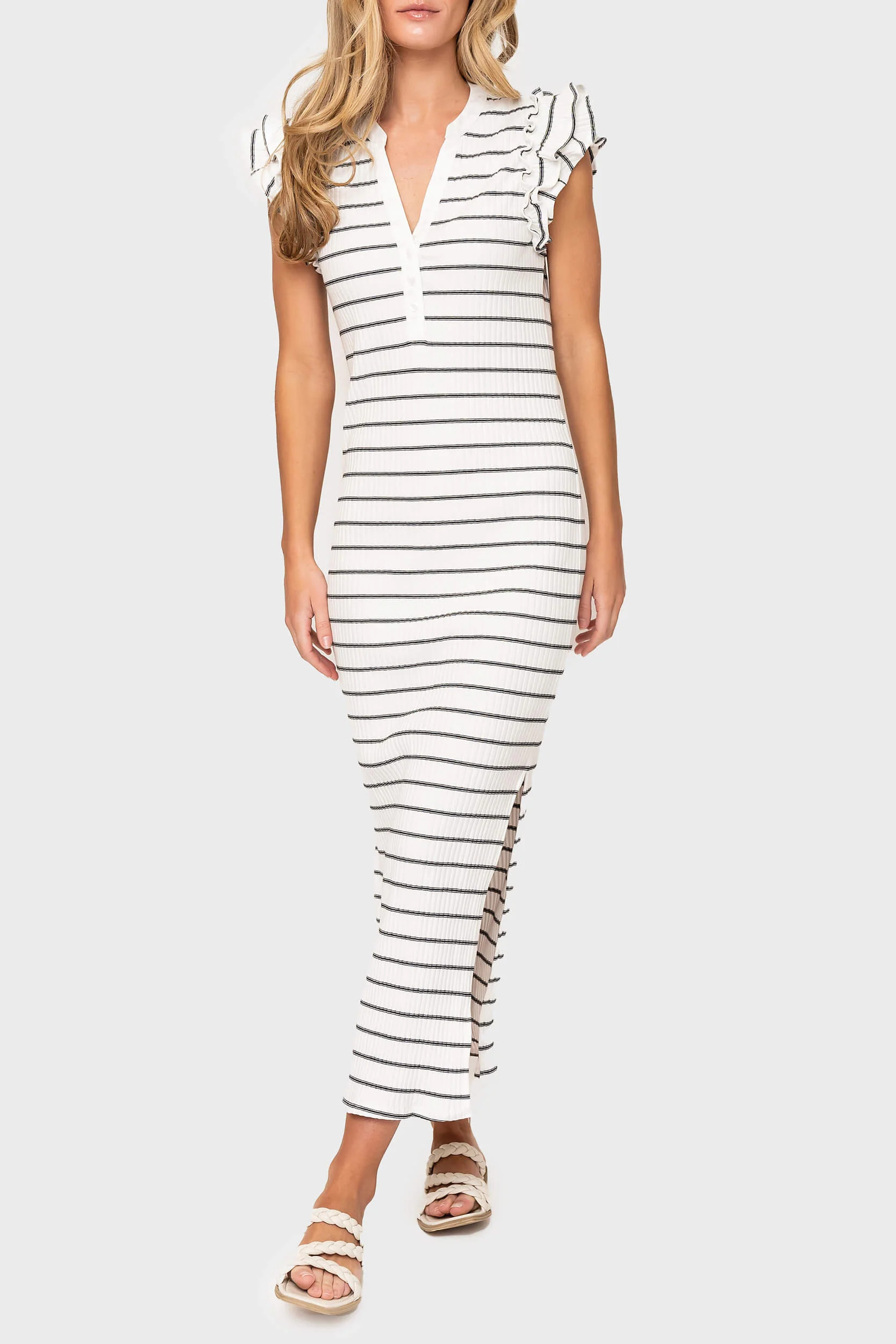 Ruffle Sleeveless Henley Knit Maxi Dress | Gibson