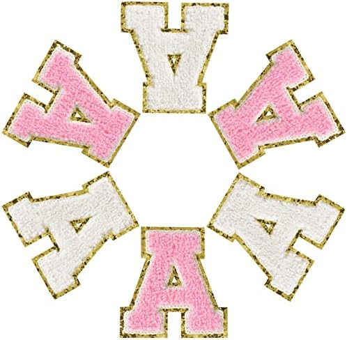 quirzx Iron on Letters for Clothing, 3 inch Chenille Letter Patches (White & Pink) with Ironed Adhes | Amazon (US)