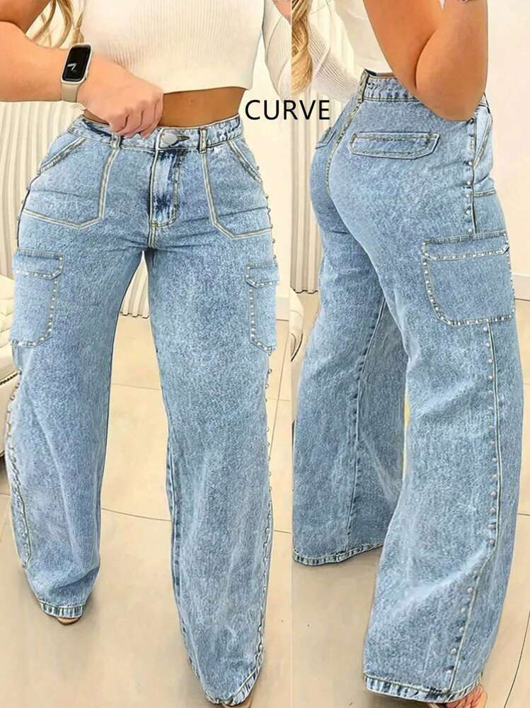 European And American Style New Style Beaded Solid Color Drape Loose Slim Mid-Waist Plus Size Women's Jeans Straight Pants | SHEIN