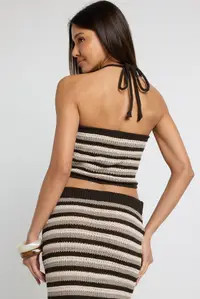 Neutral Halter Neck Stripe Crochet Top | Boohoo | Boohoo.com (UK & IE)