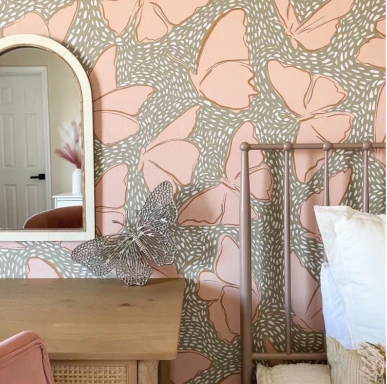 Butterfly Boho Wallpaper, Green and Pink Peel and Stick, Removable Wallpaper, Girls Room, Fabric ... | Etsy (US)