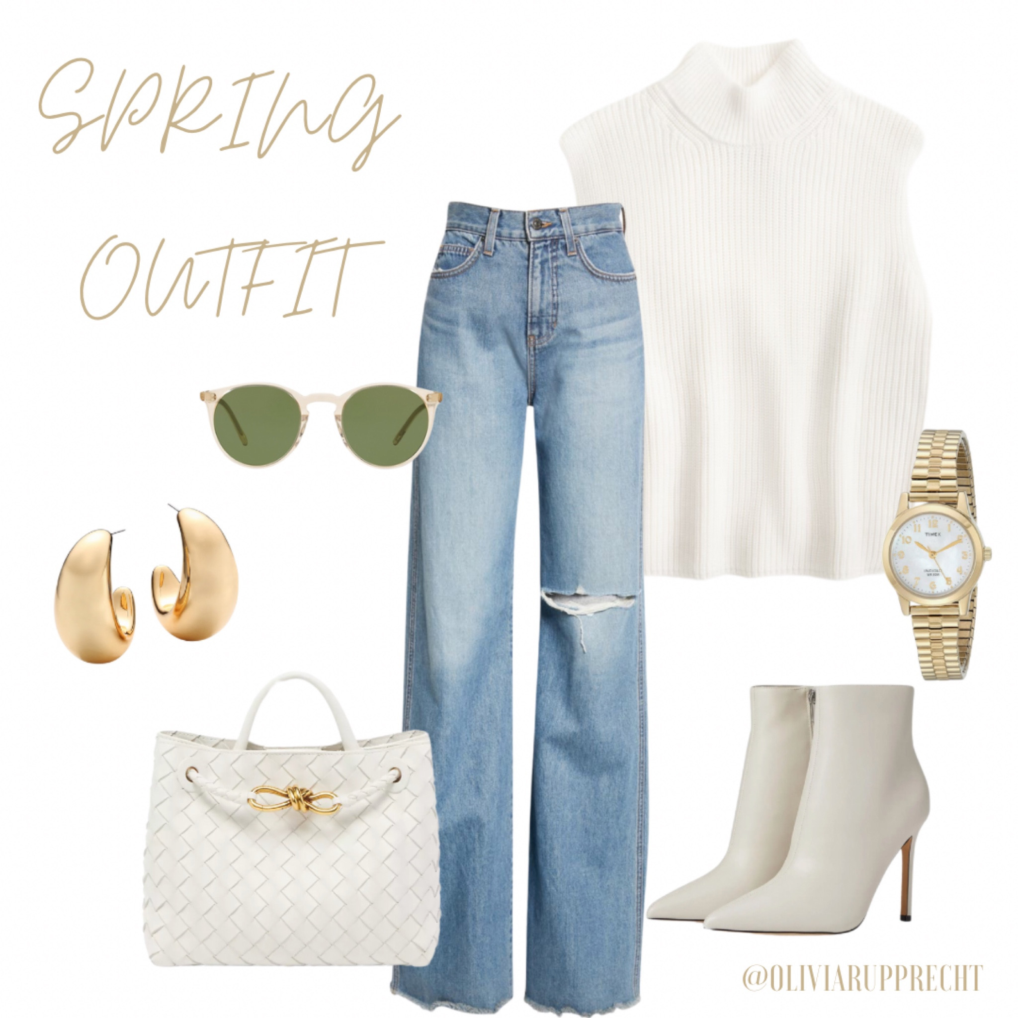 Spring outfit | heels | shoes | bag | watch | gold | white | cream | jeans | Amazon | sunglasses | earrings | fashion | style | trend | fit | 

#LTKstyletip #LTKshoecrush #LTKSpringSale