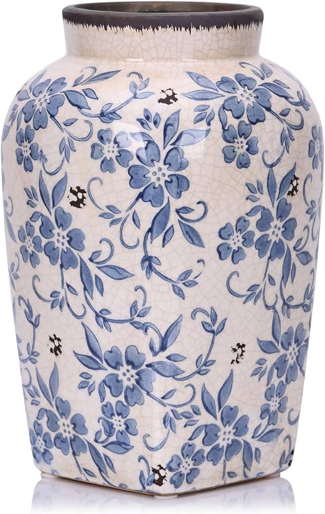 Blue and White Floral Vase - 9.7" Vintage Ceramic Pottery Vase for Centerpieces, Rustic Farmhouse... | Amazon (US)