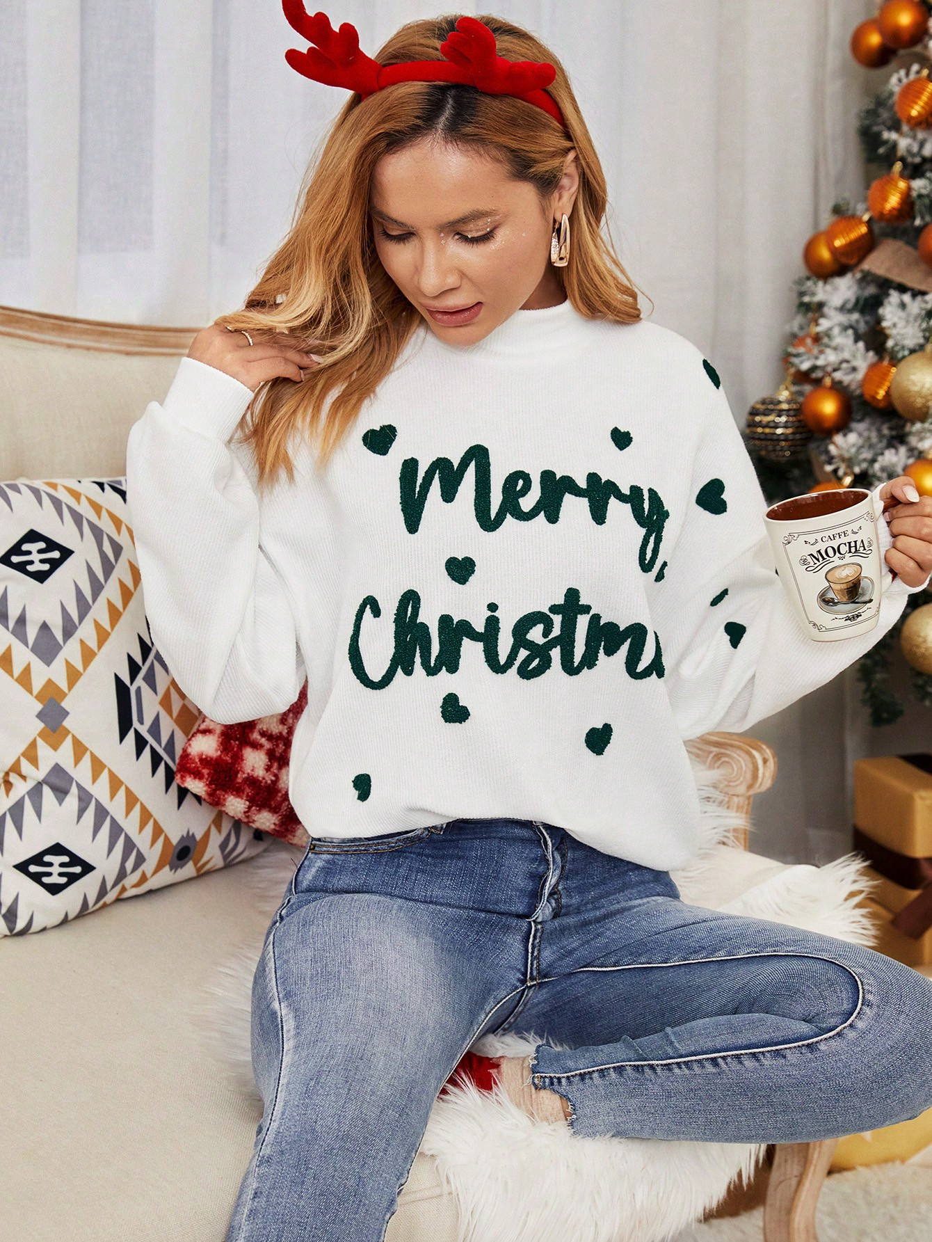 SHEIN Essnce Christmas Heart & Letter Graphic Mock Neck Drop Shoulder Tee | SHEIN