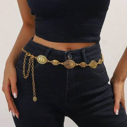 1pc Women's Vintage Carved Decorative Waist Belt, Elliptical Ornament Waist Chain With Metal Chains, Fashionable & Versatile | SHEIN