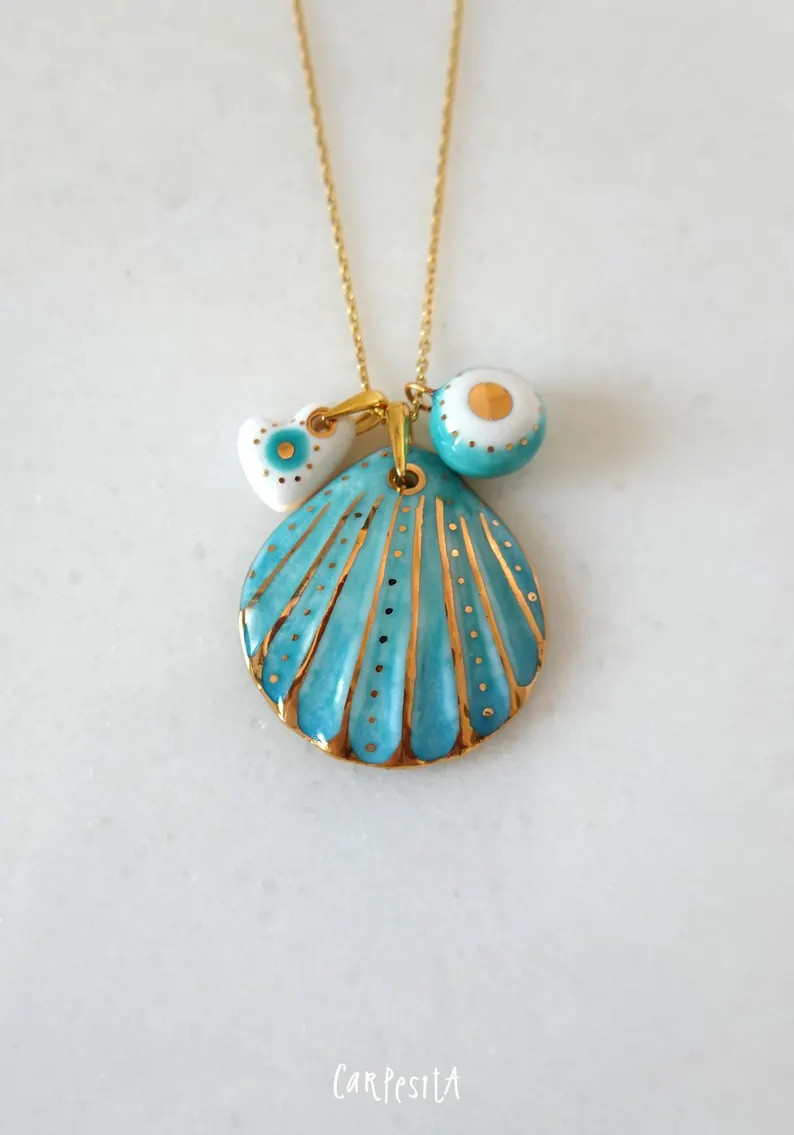 Blue Green Porcelain Shell Necklace, Evil Eye Charm, 22ct Gold Luster - Etsy | Etsy (US)