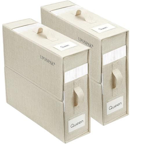 UponPak 2 Pack Bed Sheet Organizers and Storage, Foldable Sheet Organizer for Linen Closet, Sheets Set Folder Keeper Organizer (Queen & King Size) Box for Duvet Covers and Pillow (Beige, 2 Pack) | Amazon (US)