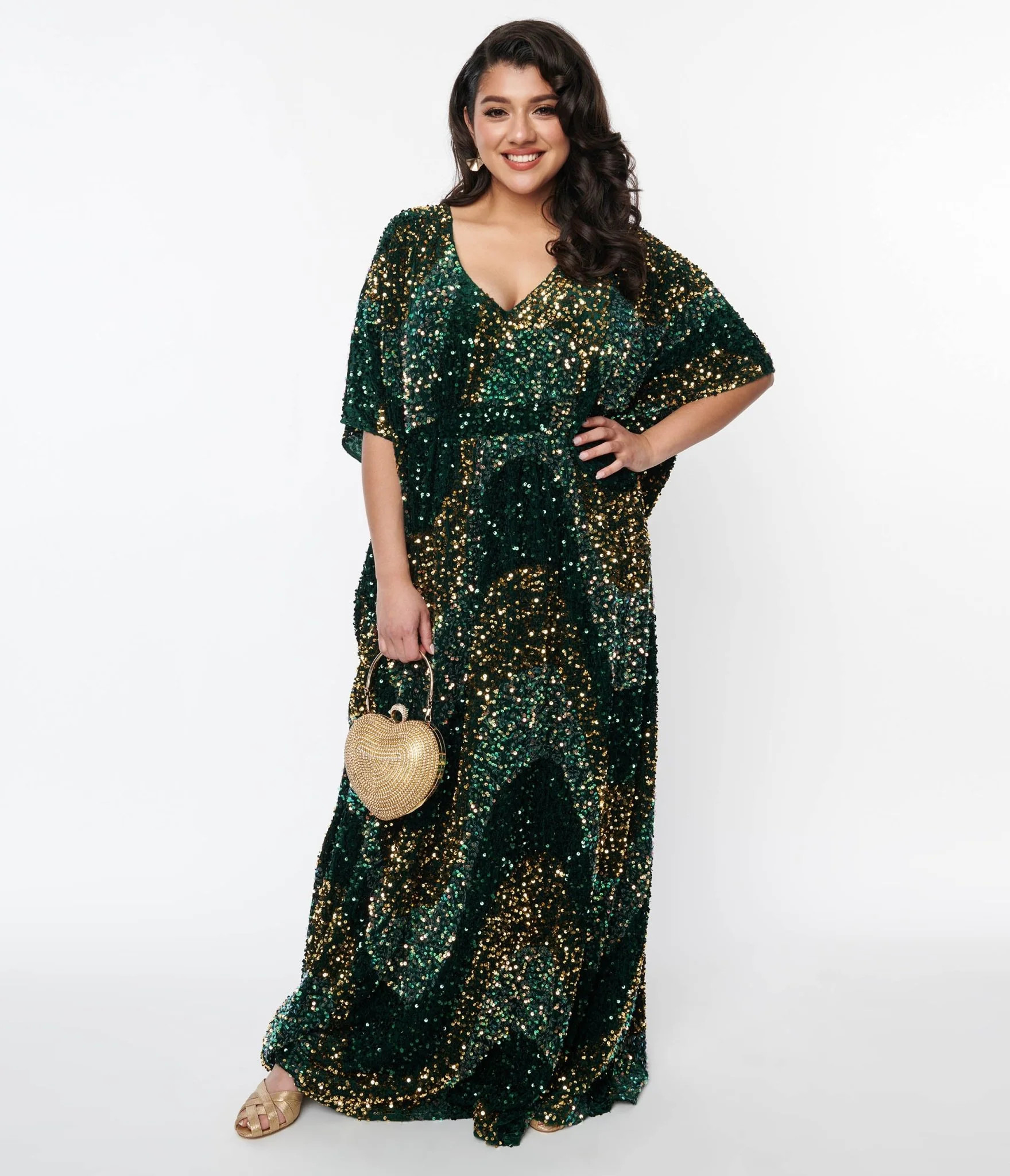 Unique Vintage Emerald & Gold Sequin Burton Caftan Dress | UniqueVintage
