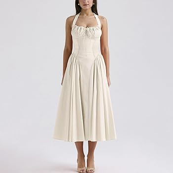 Women Floral Corset Dress Halter Neck Low Cut Bustier Lace Midi Dress Flowy Pleated Hem Long Sund... | Amazon (US)