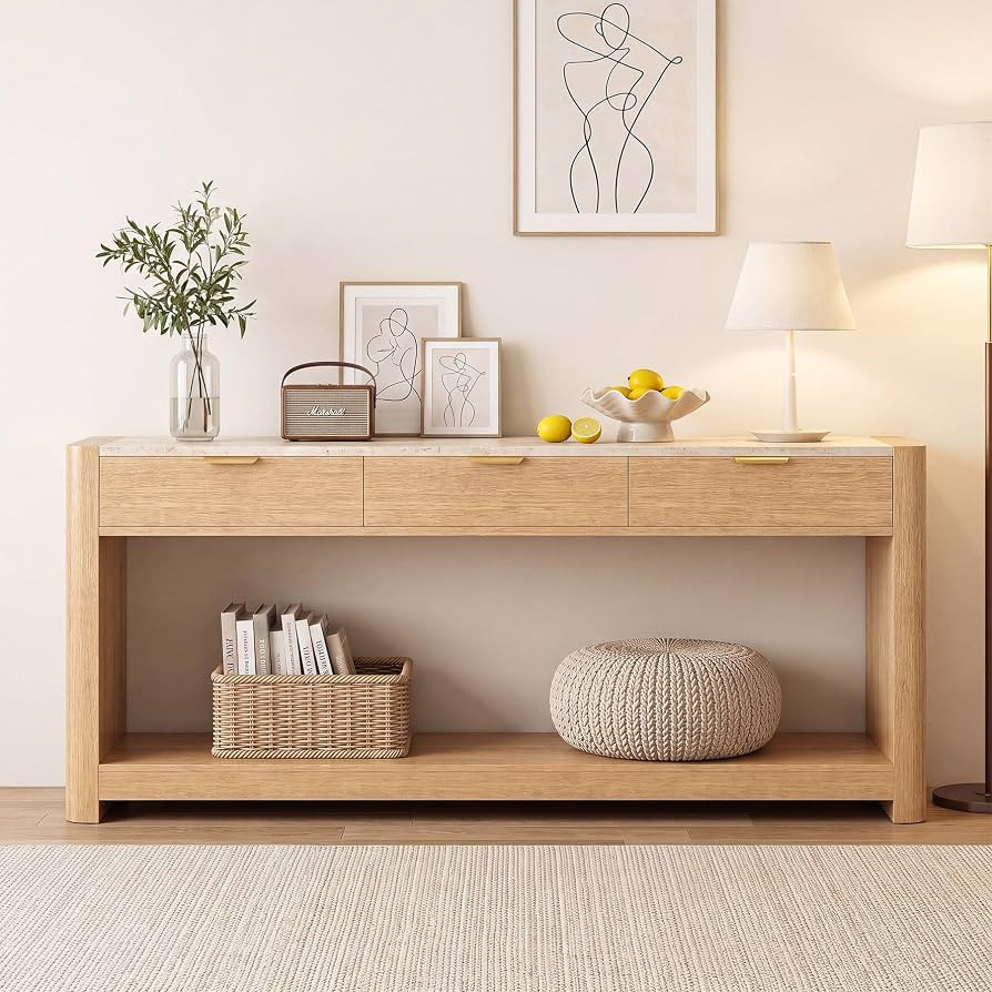 71" Long Console Table with Drawers, Entryway Table with Storage Shelf, Oak | Amazon (US)