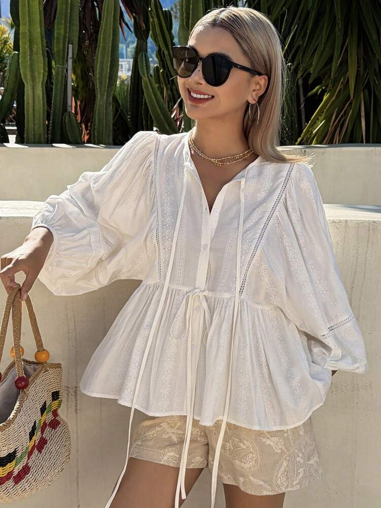 DAZY Women's Loose Textured Lantern Sleeve Tie Bow Casual Summer Blouse | SHEIN