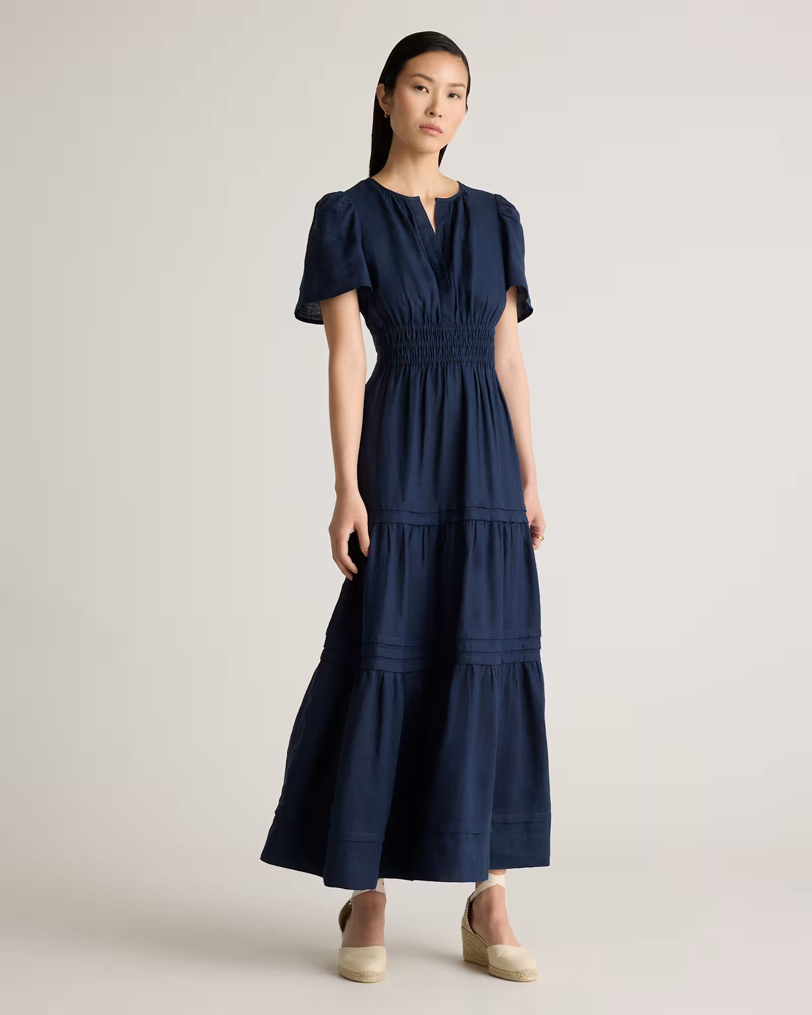 100% European Linen Tiered Maxi Dress in Deep Navy | Quince