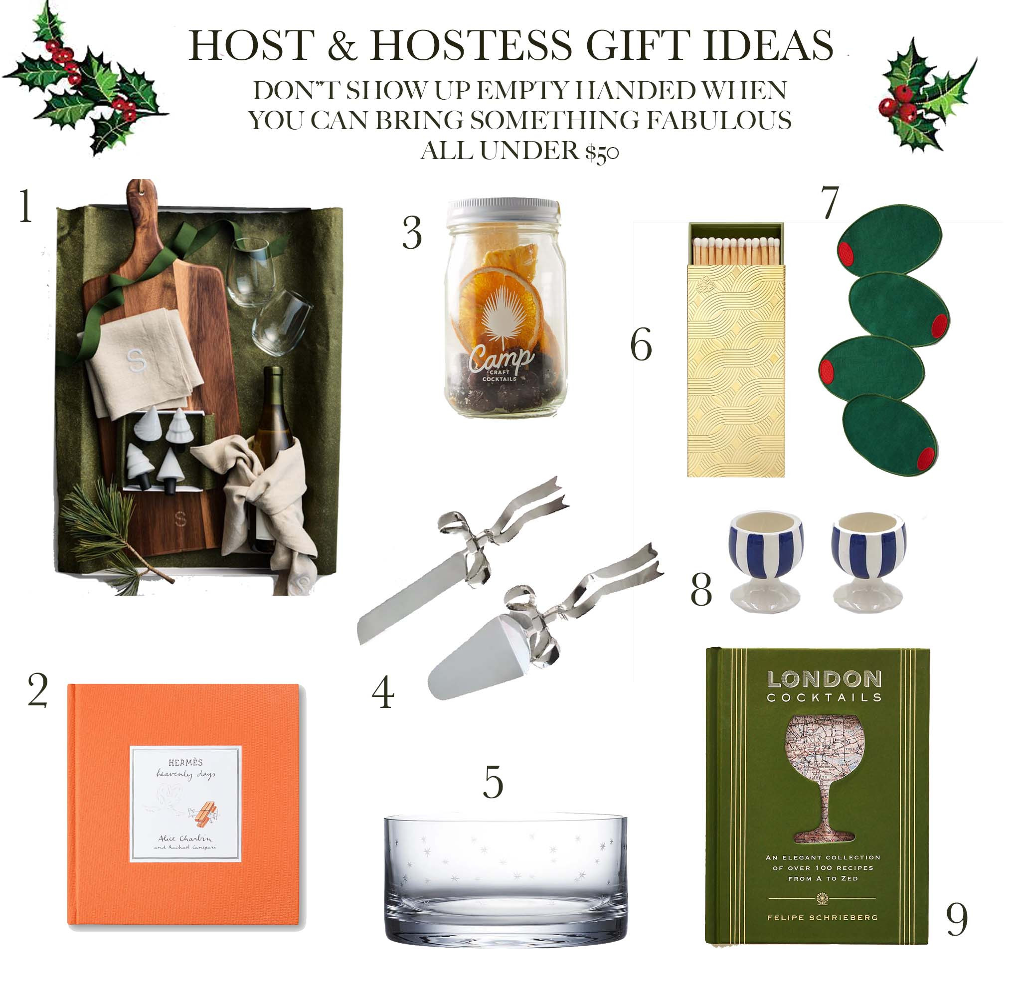 Don't show up empty handed! Here are gifts sure to please the host or hostess of your next holiday stay or event. All of these gift ideas are under $50. 

HOST AND HOSTESS GIFT GUIDES
1. Serving Bundle
2. Hermes: Heavenly Days
3. Brunch Punch Cocktail Kit
4. Benedita Bow Metal Serve Set
5. Crystal Ice Bucket with Stars Design
6. Braided Engraved Sleeve For matchbox
7. Martini Olive Cocktail Napkin
8. Righe Egg Cup, Blue (Set of Two)
9.  Cocktails: An Elegant Collection of Over 100 Recipes

#giftideas  #giftguide #giftsforher #giftsformom #giftsforsister #giftsforgirlfriend #hostgifts #hostessgifts #giftsforthehost #hostess #giftsforthehome #giftsforhim #under50 #homegifts #cocktails  #cocktailgifts  

 #LTKCyberWeek #LTKGiftGuide #LTKHoliday