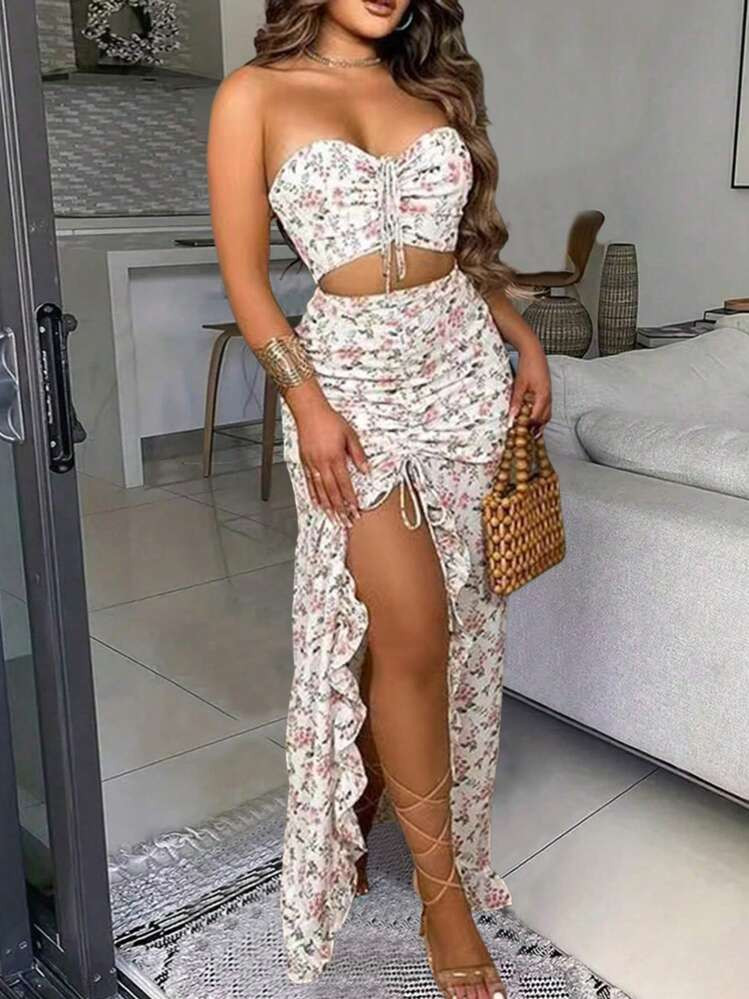 Pariaura 2pcs/Set Pleated Bandeau Top And Slit Skirt, Romantic French Style Ditsy Floral, Summer Women Outfit | SHEIN