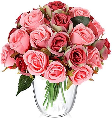 24 Pieces Artificial Rose Flowers Faux Silk Rose Flower with Leaves and Stems Real Looking Roses ... | Amazon (US)