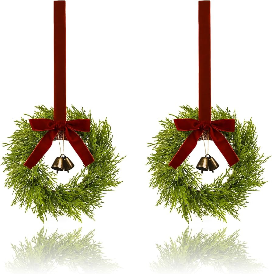 Mini Christmas Cedar Wreath Set of 2, 12 Inch Small Wreaths for Kitchen Cabinets, with Deep Red B... | Amazon (US)
