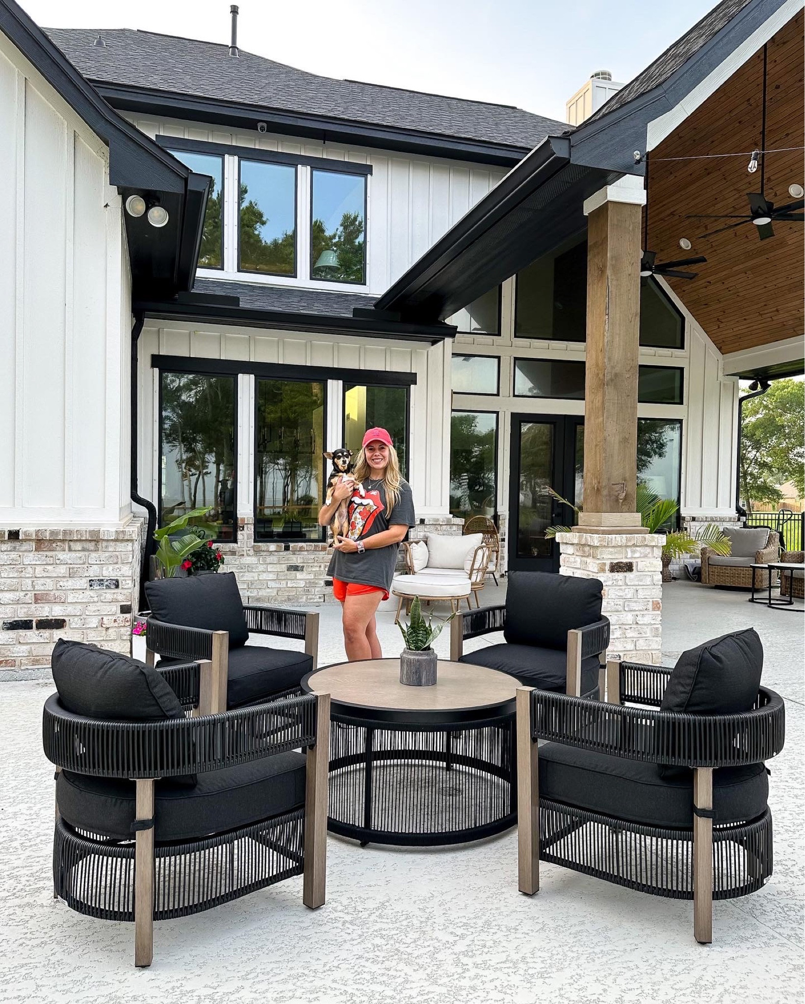 Summer, summer finds, summer favorites, summer porch, summer decor, summer outdoor inspiration, outdoor decor, porch finds, porch favorites, porch inspiration, porch decor, porch furniture, black planters, black porch swing, woven hanging planter basket, garden bed with stand, pillar candle lantern, outdoor rug, wicker outdoor lantern, welcome half moon doormat, outdoor door mat, porch wall light, porch sconces, wood stump accent table, throw pillow, outdoor pillow, Modern home decor, modern planter pot, black pot, plant pot, black home decor, affordable patio set, affordable outdoor furniture set, Black patio furniture, modern patio furniture, arhaus dupe, crate and barrel dupe, Serena and Lily dupe