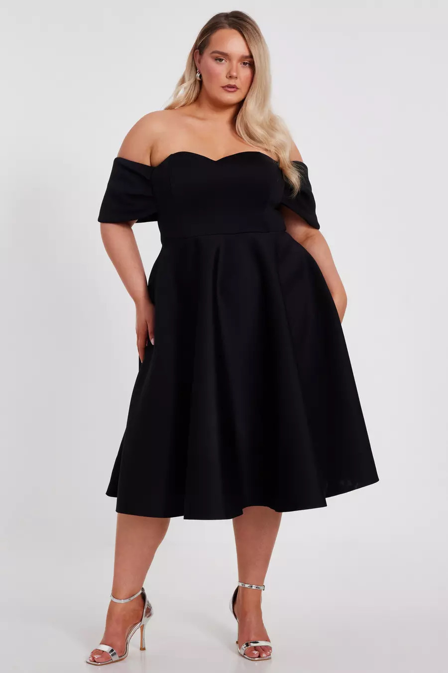 Curve Black Bardot Midi Skater Dress | Quiz Clothing