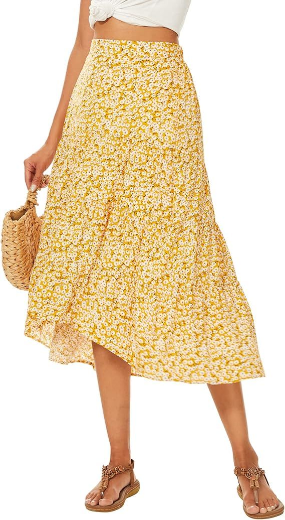 ANGGREK Womens Floral Print Midi Skirt Boho Elastic High Waist Maxi Skirts High Low Hem Skirt for... | Amazon (US)