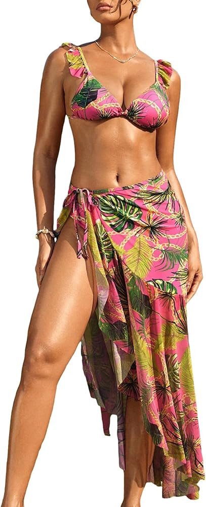 MakeMeChic Women's Tropical 3 Piece Ruffle Bikini Swimsuit V Neck Bathing Suit with Irregular Spl... | Amazon (US)