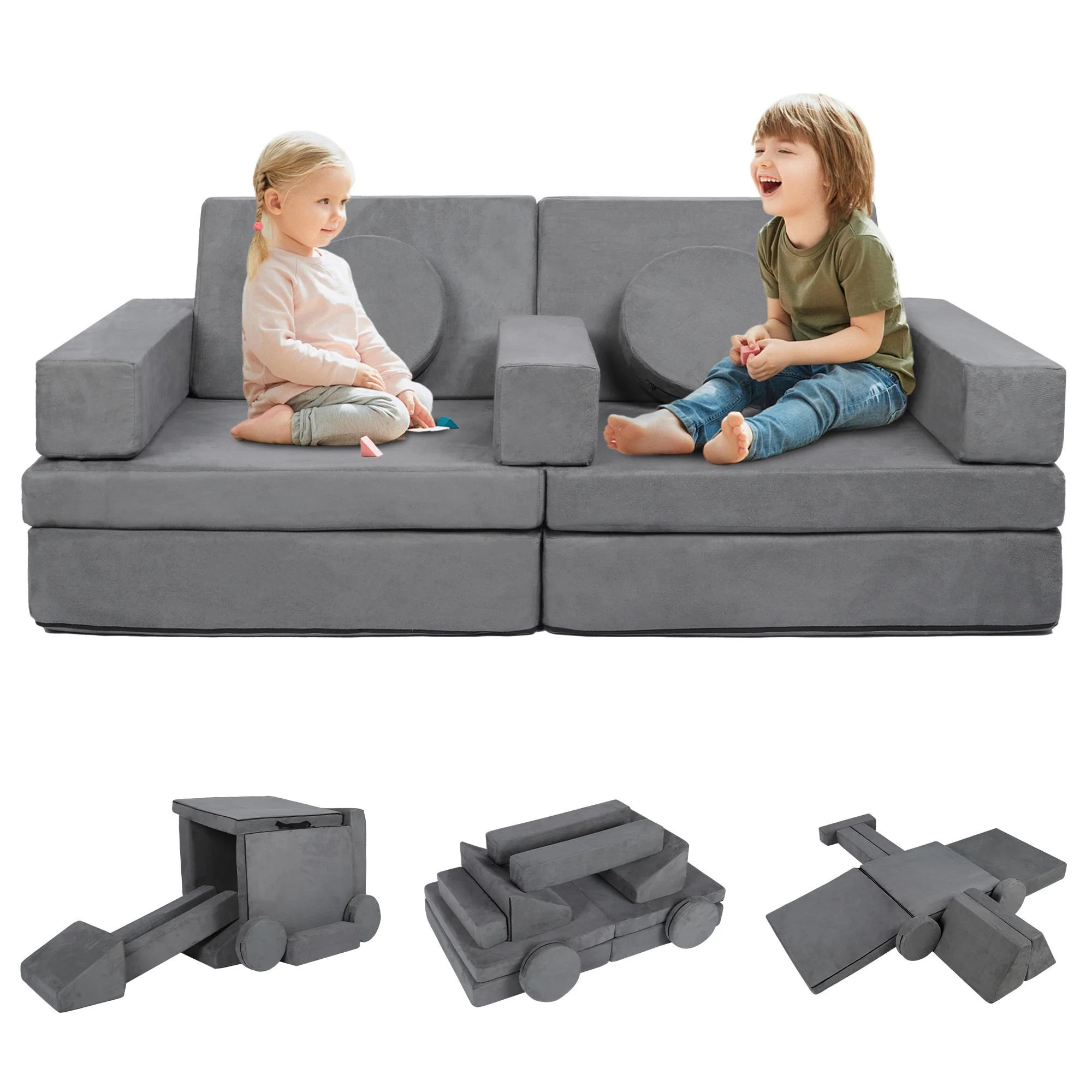 AILEEKISS 9 Pcs Kids Sofa Couch Playset, Indoor Baby Play Couch Furniture for Toddler, Grey | Walmart (US)
