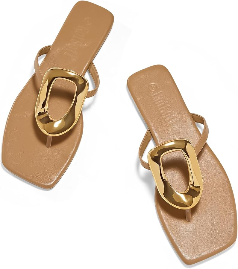 Women's Flat Sandals Square Toe Metal Decoration Flip Flops Shoes     Comfortable Beach Slip on F... | Amazon (US)