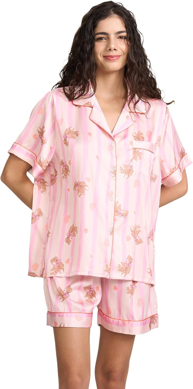 Womens Silk Satin Shorts Pajamas Set Button Down 2 Piece Pjs Short Sleeve Oversized Sleepwear wit... | Amazon (US)