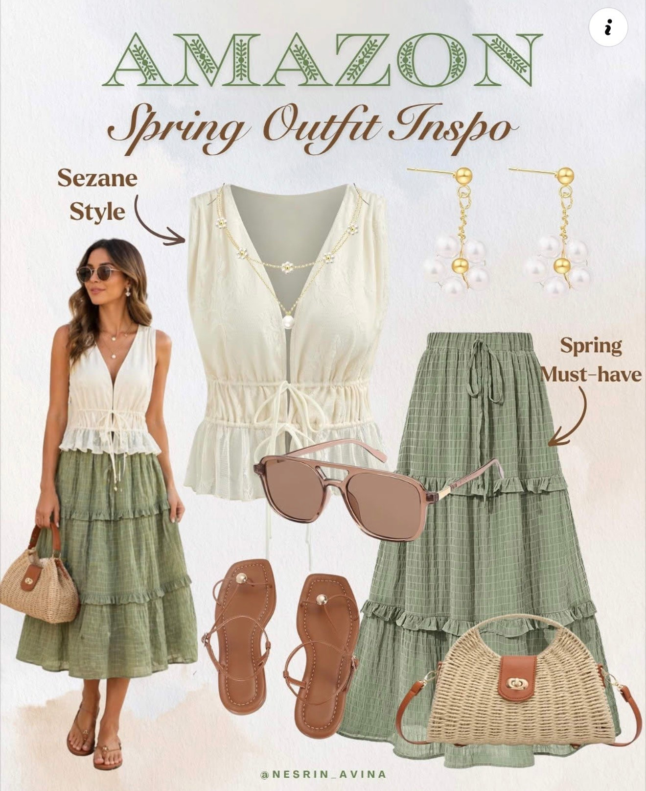 Stylish spring outfit

 Green outfit, rattan bag, sunglasses, flower earrings,  green skirt , maxi skirt, lace trim top, crunch waist top 