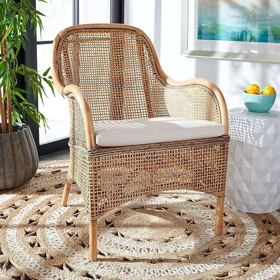 Safavieh Home Collection Charlie Dark Natural Rattan Cushion Accent Chair, 0, White Washed/White | Amazon (US)