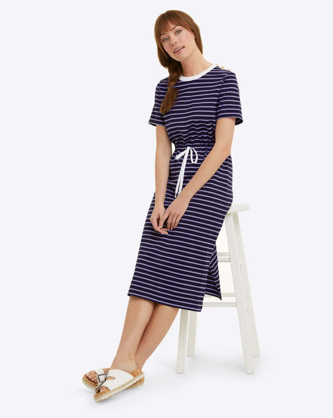 Tie Waist Midi T-Shirt Dress in Nassau Navy Mariner Stripe | Draper James (US)