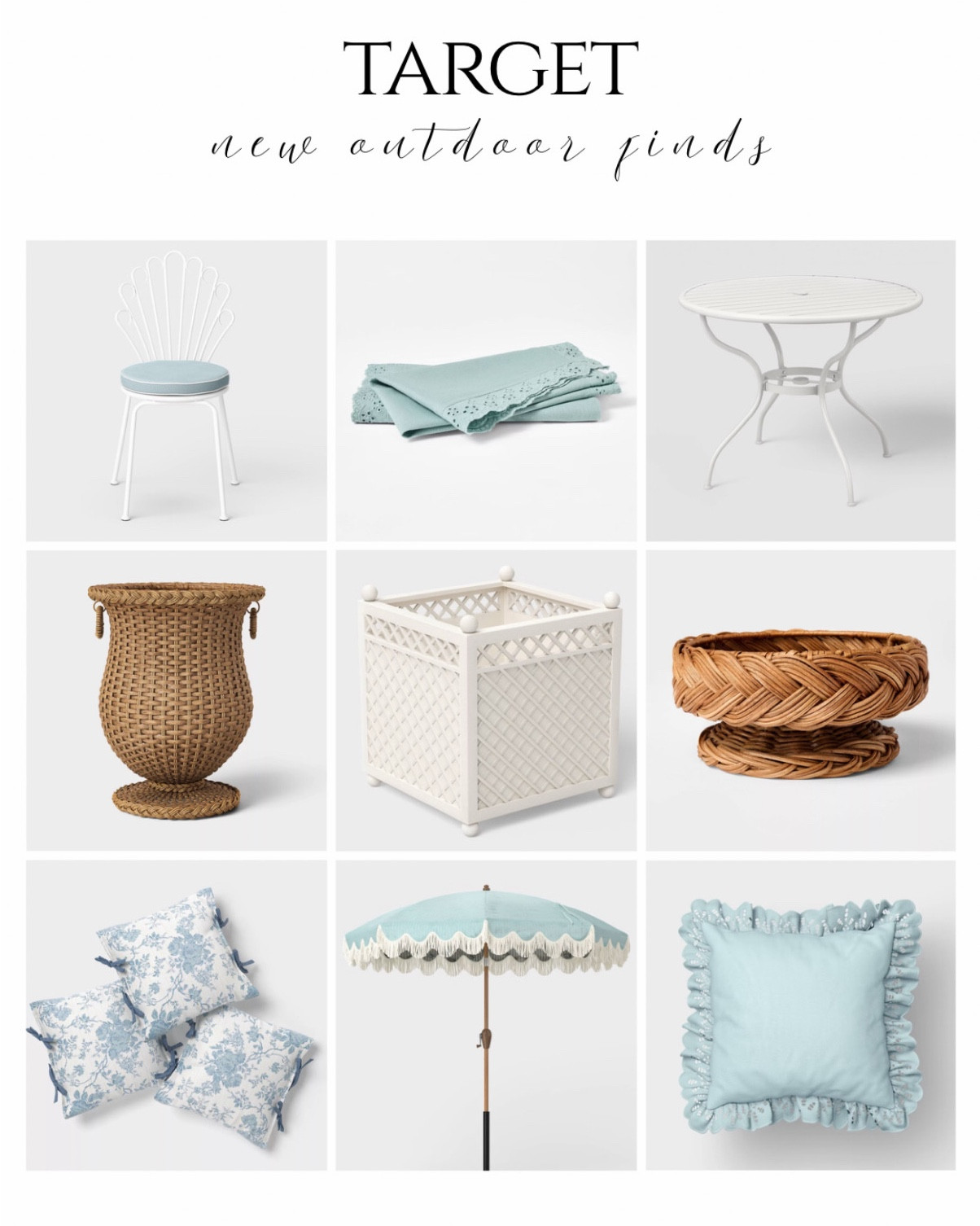 New target outdoor collection launched today! 😍 couldn’t resist ordering the white planters! 🤍 linking my favorite pieces from the collection 


 #target #patio #outdoor #outdoordecor #backyard look for less Serena and Lily threshold coastal decor studio McGee home decor deals blue umbrella with fringe classic timeless style Hampton white planter box rattan wicker urn planter floral pillows eyelet napkins summer spring entertaining 

#LTKSeasonal #LTKSaleAlert #LTKHome