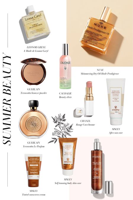 10 French beauty essentials to add to your summer routine 🌞

1. L'Huile de Leonor Greyl
2. Nuxe Shimmering Dry Oil Huile Prodigieuse
3. Guerlain Terracotta Bronzer Powder
4. Caudalie Beauty Elixir
5. Chanel Rouge Coco Baume 928 Pink Delight
6. Sisley Paris After-Sun Care Tan Extender
7. Guerlain Terracotta Le Parfum
8. Sisley Self-Tanning Body Skin Care
9. Sisley Tinted Sunscreen Cream SPF 30
10. By Terry Tea to Tan Face & Body

#LTKFind #LTKSeasonal #LTKbeauty