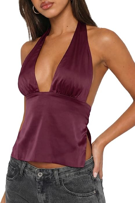 UNCOOYEE Womens Sexy Deep V Neck Halter Tops Backless Tie Y2k Going Out Top | Amazon (US)