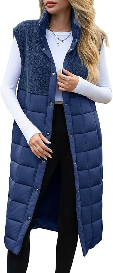 UMEKO Women's Long Puffer Vest Fleece Jacket Winter Button Down Sleeveless Coats | Amazon (US)