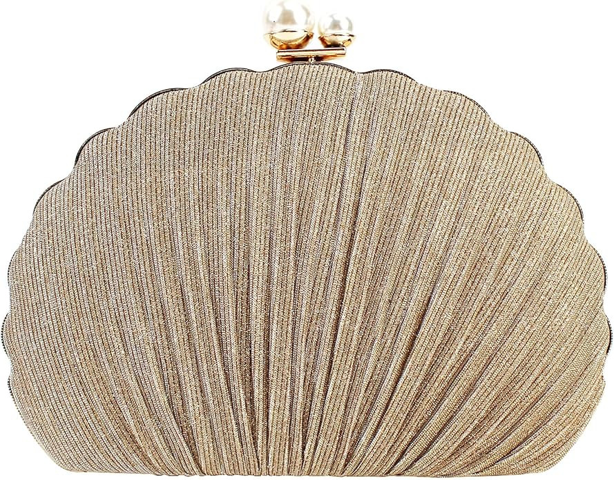 Women Mini Pleated Seashell Evening Clutch Handbag Chain Strap Cross-body Bag | Amazon (US)