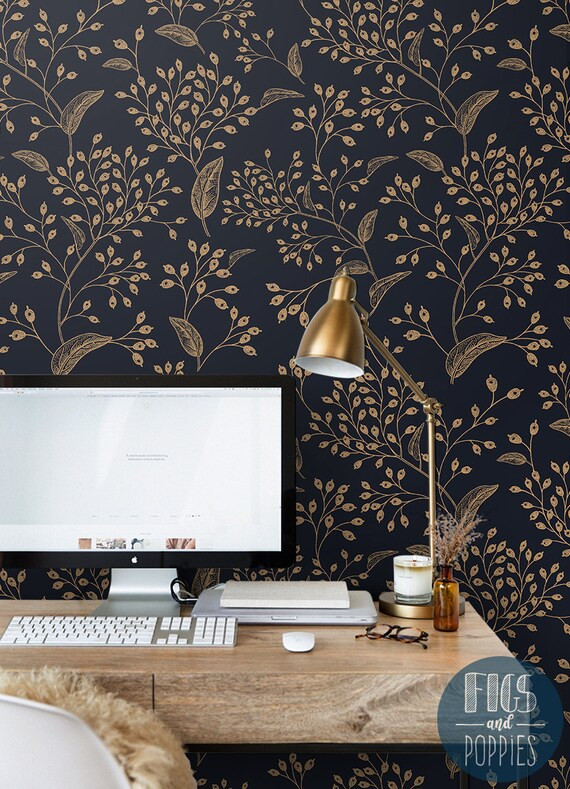 Gold Rowan 248  REMOVABLE WALLPAPER  Gold and Onyx Foliage | Etsy | Etsy (US)
