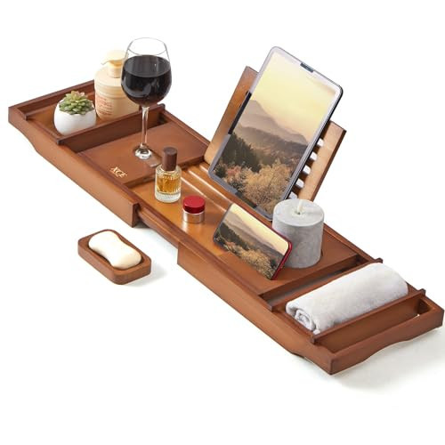 XcE Bamboo Bathtub Caddy Tray - Expandable to 41 Inches with Book Stand, Soap Holder & Anti-Slip Pads for Luxury Bath Spa, Brown | Amazon (US)