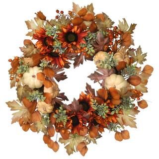 National Tree Company 24 in. Artificial Harvest Wreath with Sunflowers, Pumpkins, Berries and Lea... | The Home Depot