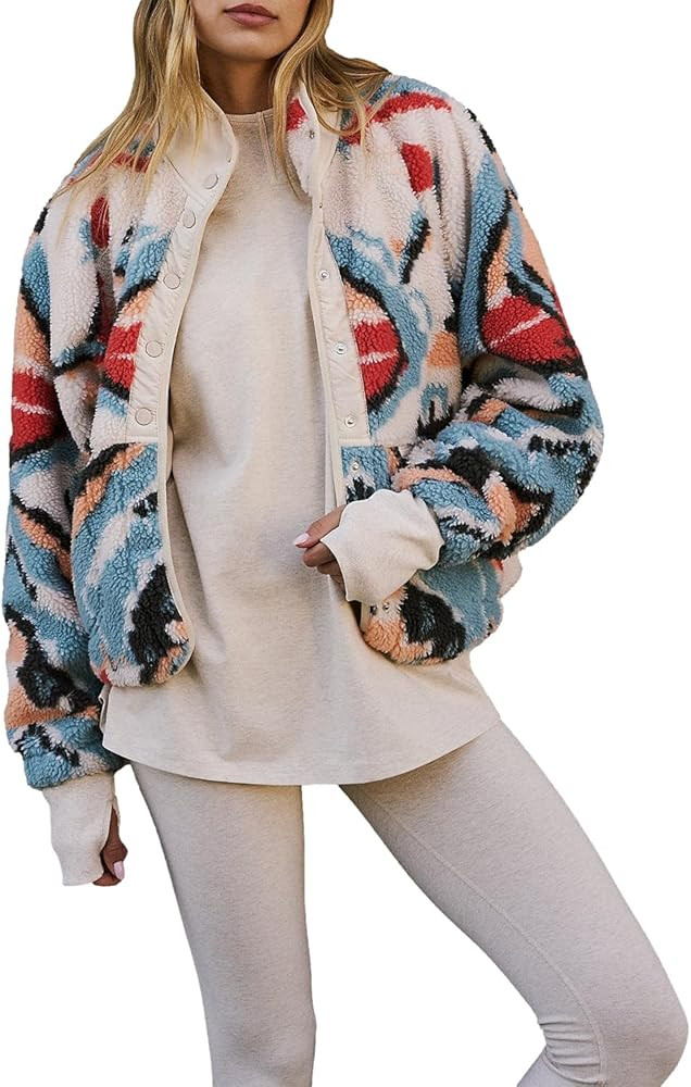 Printed Sherpa Jacket for Women Long Sleeve Button Down Fuzzy Fleece Coat Y2K Outerwear with Pock... | Amazon (US)