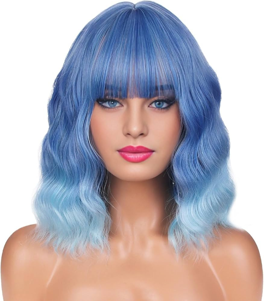 BERON 14 Inches Ombre Blue Wig Short Curly Wig with Bangs Blue Ombre Wig Synthetic Wigs Women Gir... | Amazon (US)
