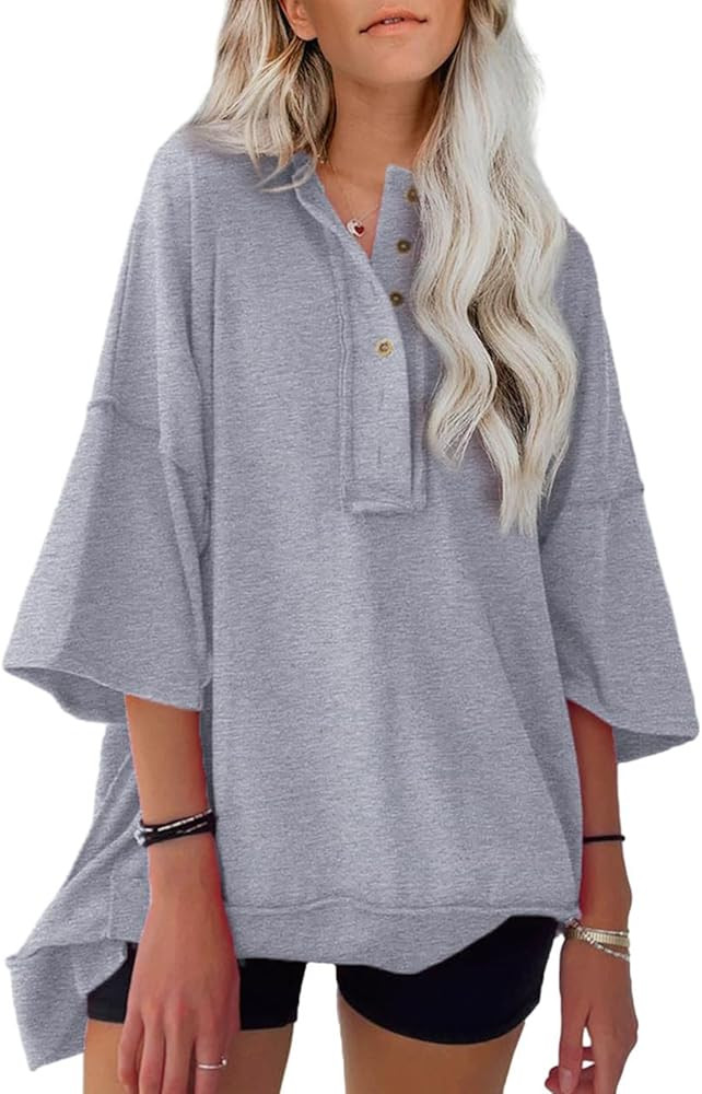 SHEWIN Women's Fashion Oversized T Shirts Casual Short Sleeve Reverse Seam Summer Tops Tees | Amazon (US)