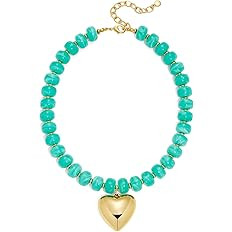 Puffy Gold Heart Necklaces For Women Chunky Beaded Necklace in Several Colorways Short Heart Chok... | Amazon (US)