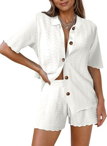 Pink Queen Women Knit Shorts Set Two Piece Short Sleeve Button Down Sweater Top and Shorts Lounge Set White Medium | Amazon (US)
